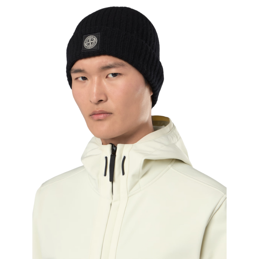 Bonnet STONE ISLAND laine vierge noir revers écusson Compass