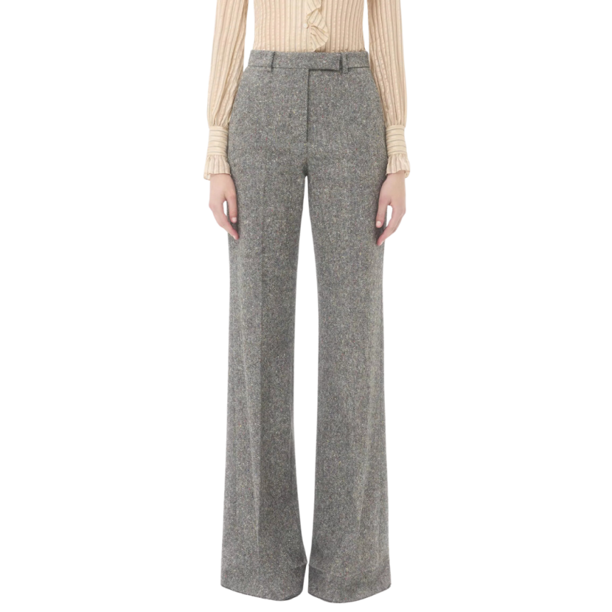 Pantalon VALENTINO Palazzo laine vierge natté tissage boutonné gris Runway