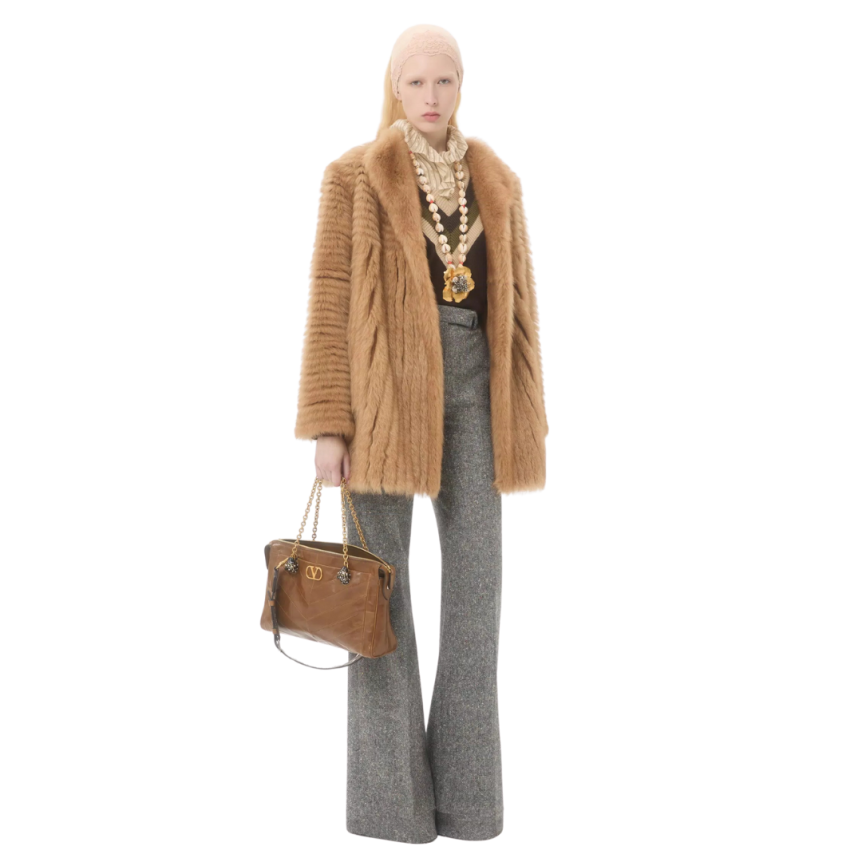 Pantalon VALENTINO Palazzo laine vierge natté tissage boutonné gris Runway