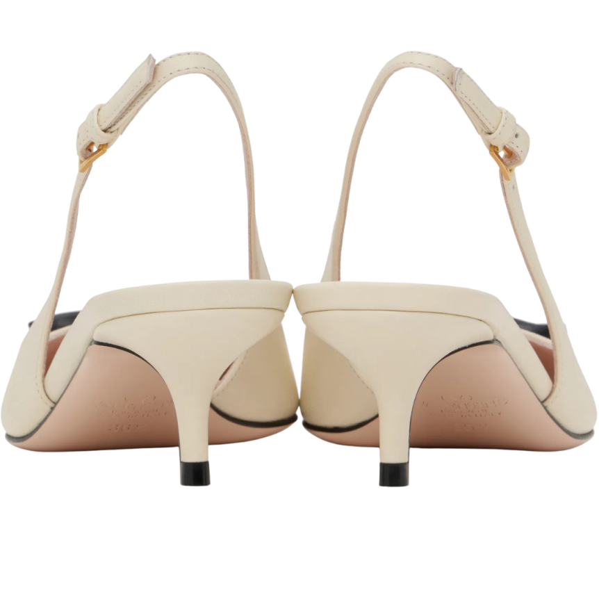 Escarpins bride arrière VALENTINO Bepointy cuir verni chevreau ivoire nœud noir V logo doré