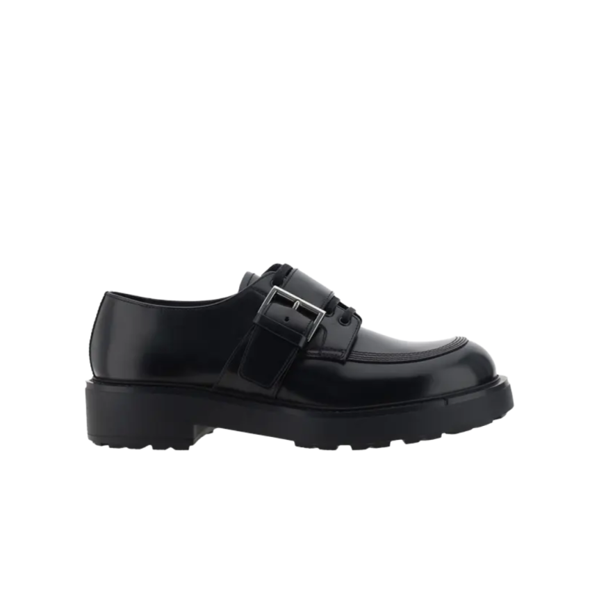Derbies à lacets PRADA cuir brossé noir boucle semelle crantée