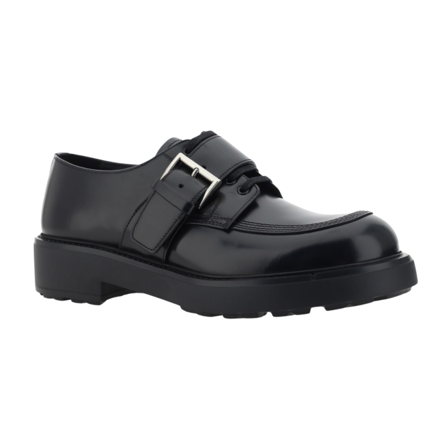 Derbies à lacets PRADA cuir brossé noir boucle semelle crantée