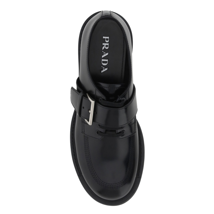 Derbies à lacets PRADA cuir brossé noir boucle semelle crantée