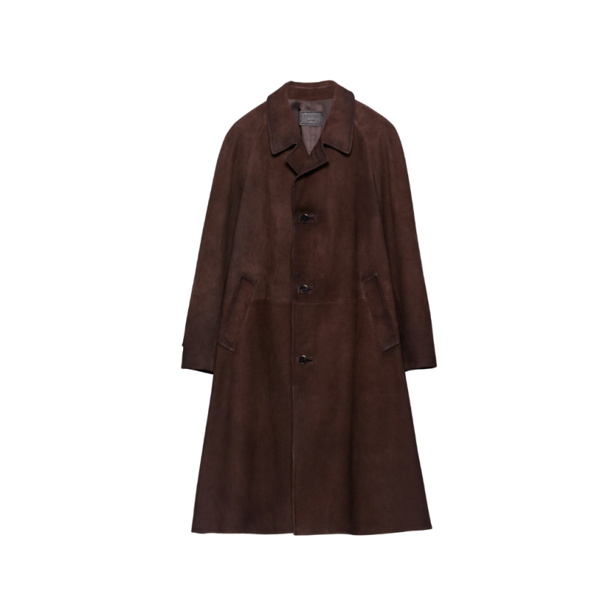 Manteau manche raglan PRADA cuir veau velours marron logo triangle dos