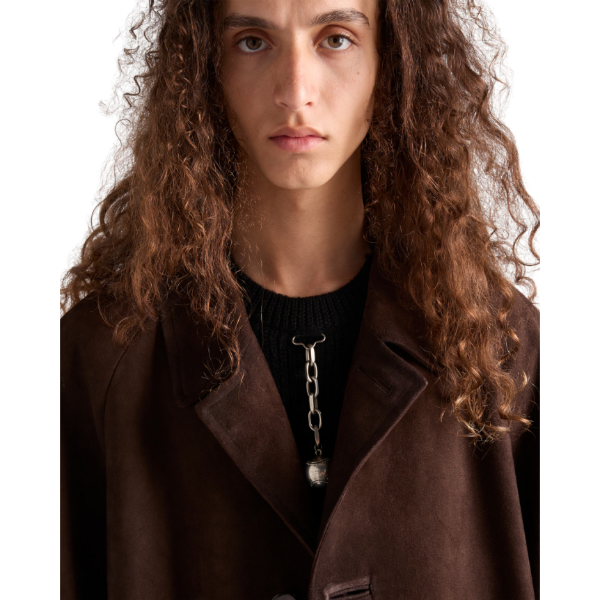 Manteau manche raglan PRADA cuir veau velours marron logo triangle dos