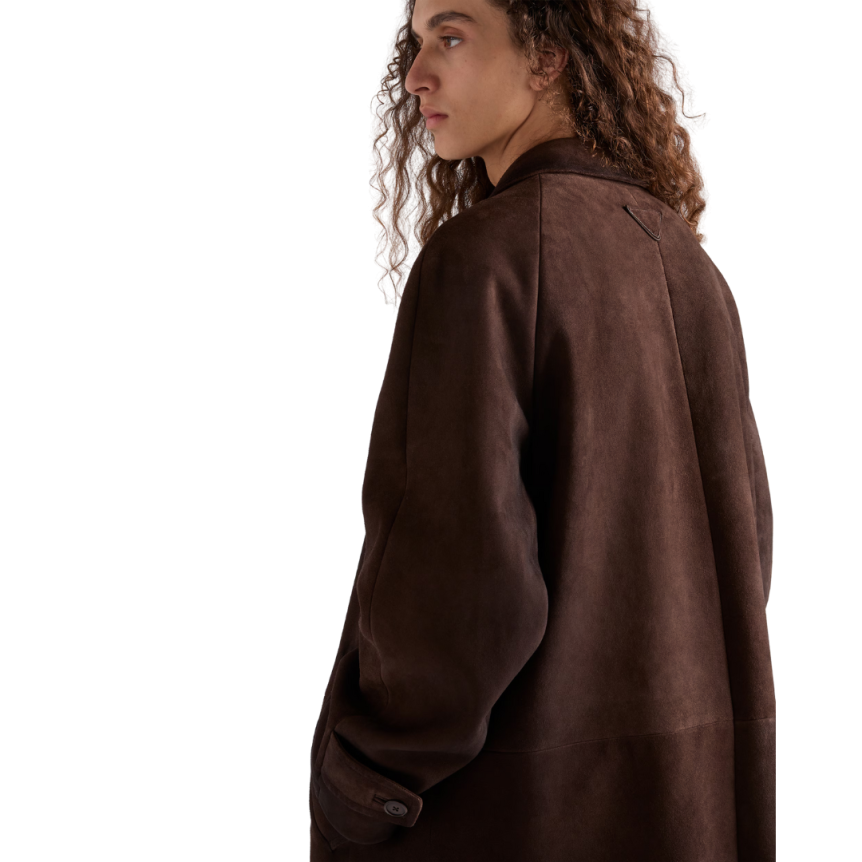 Manteau manche raglan PRADA cuir veau velours marron logo triangle dos