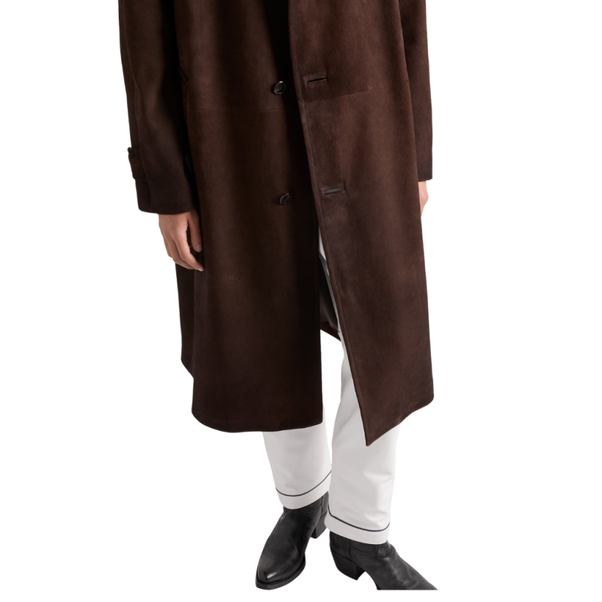 Manteau manche raglan PRADA cuir veau velours marron logo triangle dos