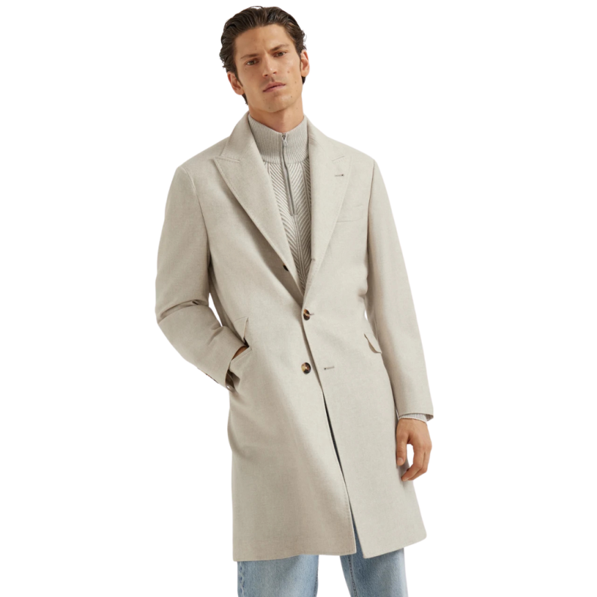 Manteau col en pointe BRUNELLO CUCINELLI flanelle cachemire chiné écru