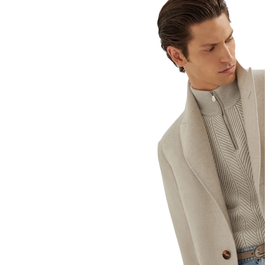 Manteau col en pointe BRUNELLO CUCINELLI flanelle cachemire chiné écru