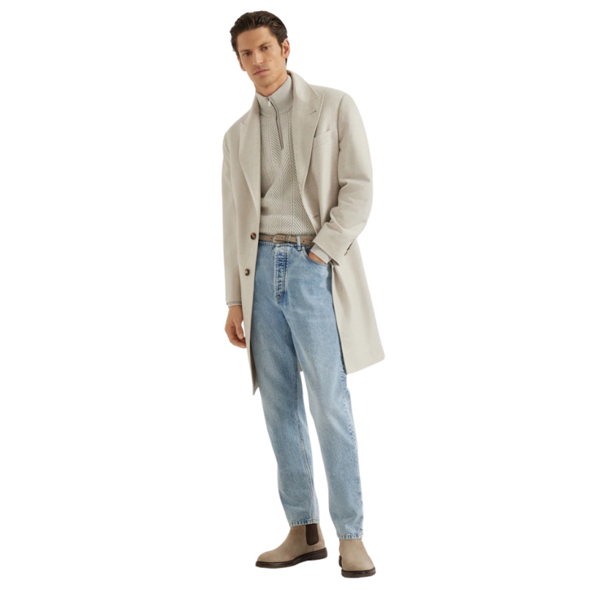 Manteau col en pointe BRUNELLO CUCINELLI flanelle cachemire chiné écru
