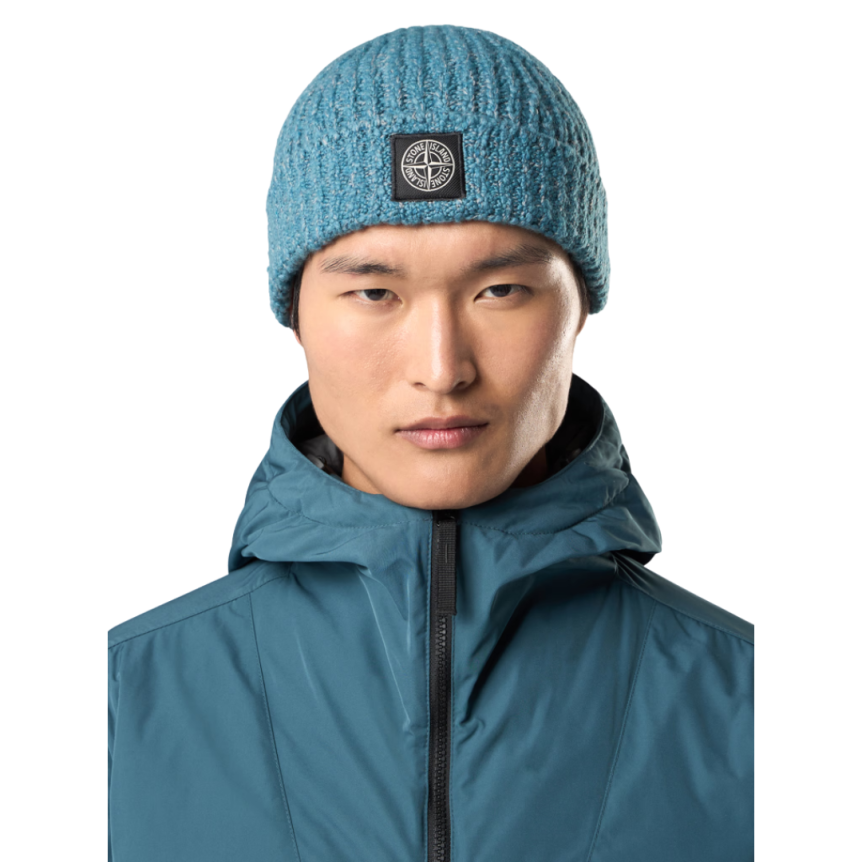 Bonnet tricoté STONE ISLAND à revers laine vierge mélangée bleu pétrole chiné