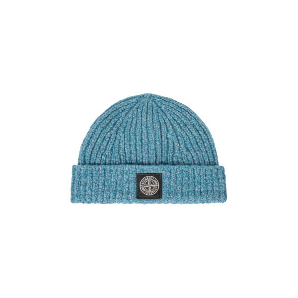 Bonnet tricoté STONE ISLAND à revers laine vierge mélangée bleu pétrole chiné