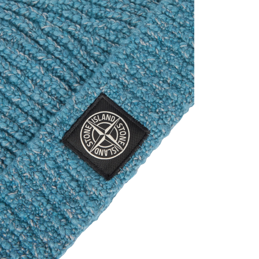 Bonnet tricoté STONE ISLAND à revers laine vierge mélangée bleu pétrole chiné