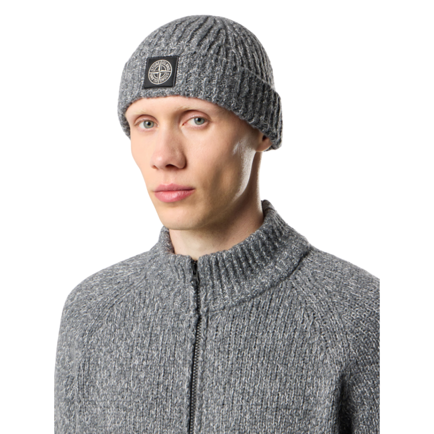 Bonnet tricoté STONE ISLAND à revers laine vierge mélangée gris chiné