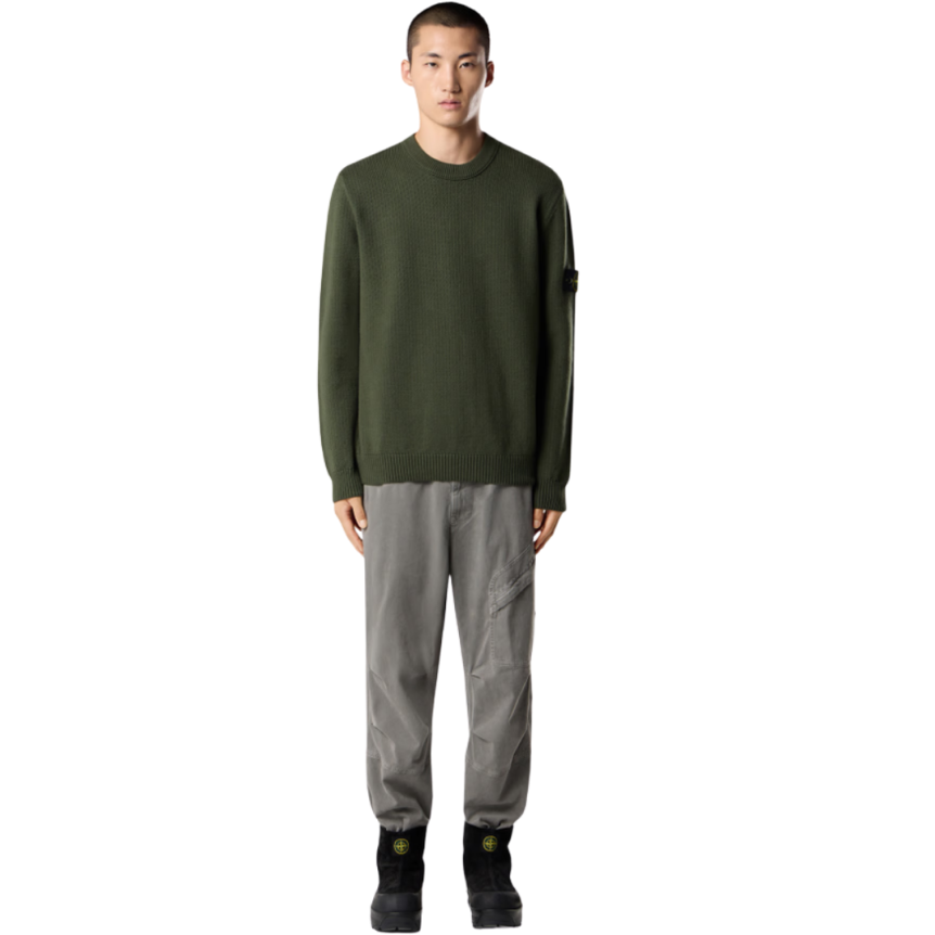 Pull col rond STONE ISLAND coton mélangé côtelé chevrons kaki