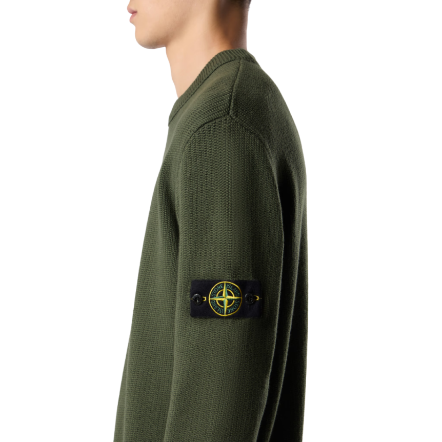 Pull col rond STONE ISLAND coton mélangé côtelé chevrons kaki