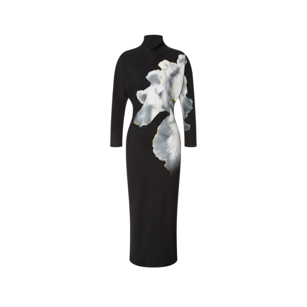 Robe midi ALBERTA FERRETTI manches longues viscose noire imprimée orchidée