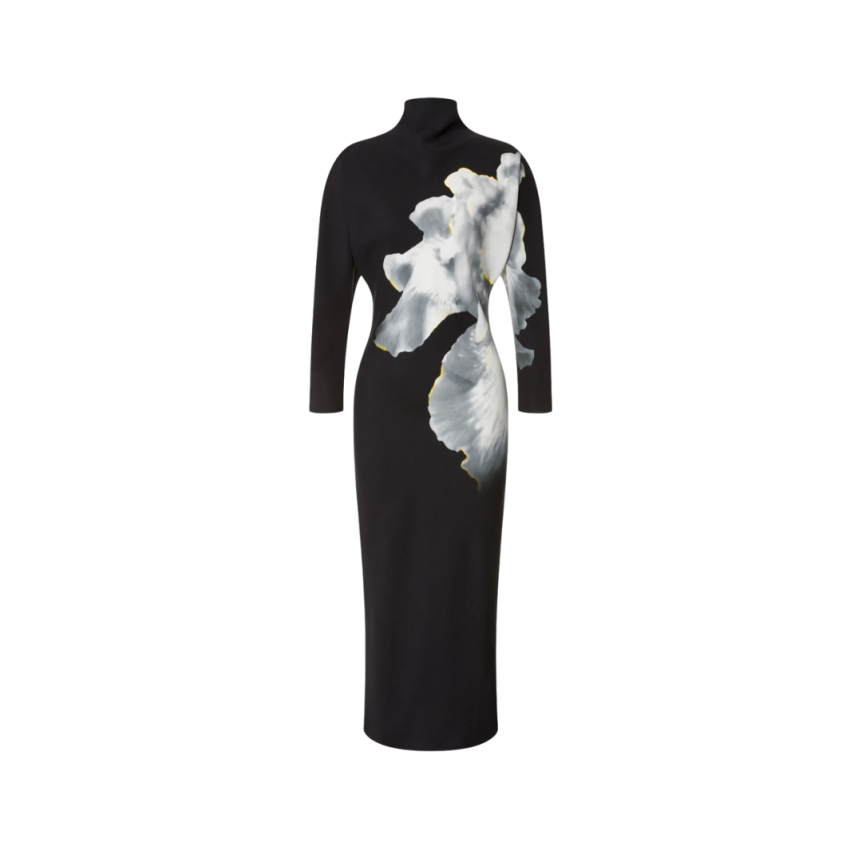 Robe midi ALBERTA FERRETTI manches longues viscose noire imprimée orchidée