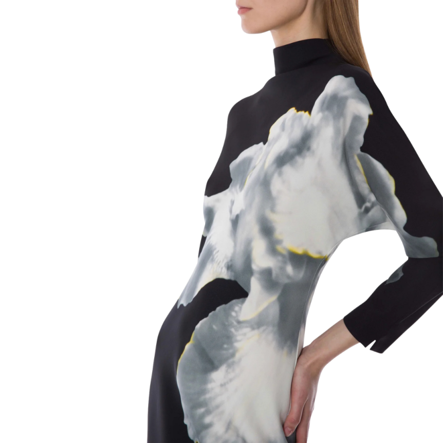 Robe midi ALBERTA FERRETTI manches longues viscose noire imprimée orchidée