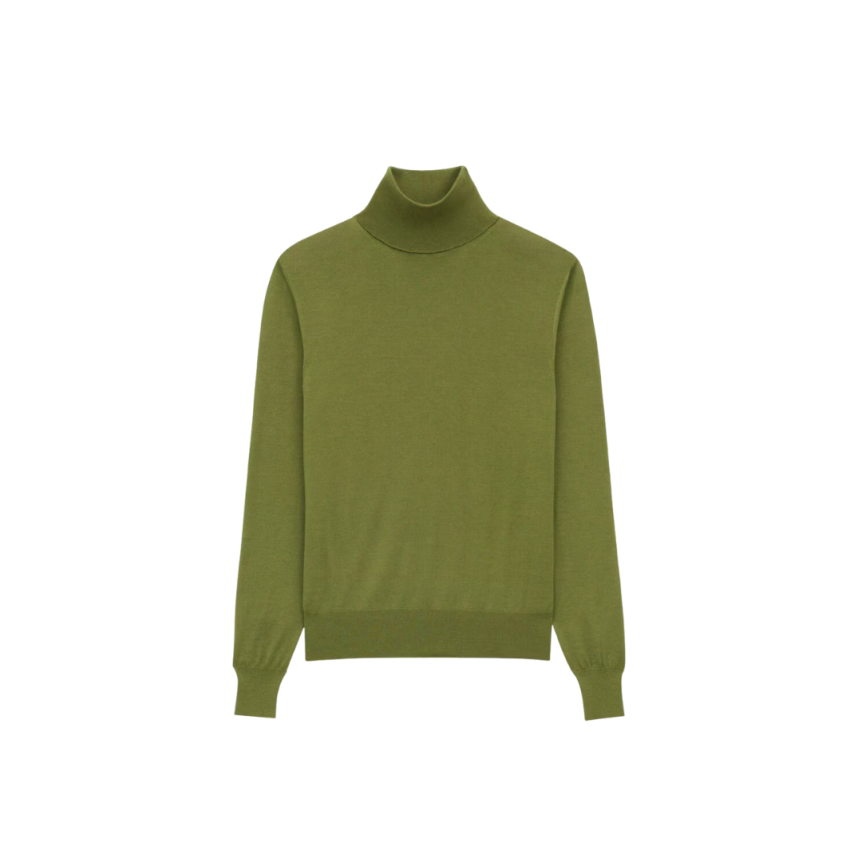 Pull col roulé SAINT LAURENT maille fine tricoté laine cachemire soie vert olive