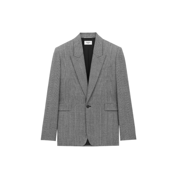 Veste de costume droite SAINT LAURENT un bouton revers pointu laine Prince de Galles gris
