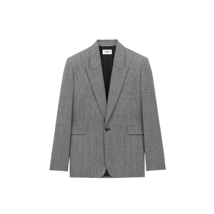 Veste de costume droite SAINT LAURENT un bouton revers pointu laine Prince de Galles gris
