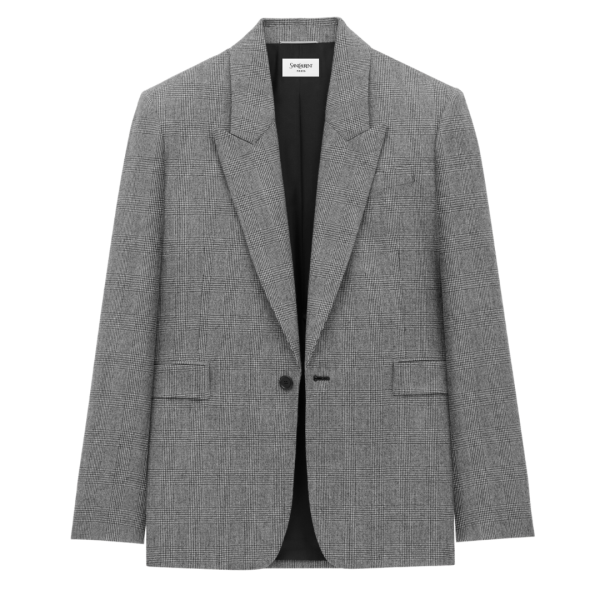 Veste de costume droite SAINT LAURENT un bouton revers pointu laine Prince de Galles gris