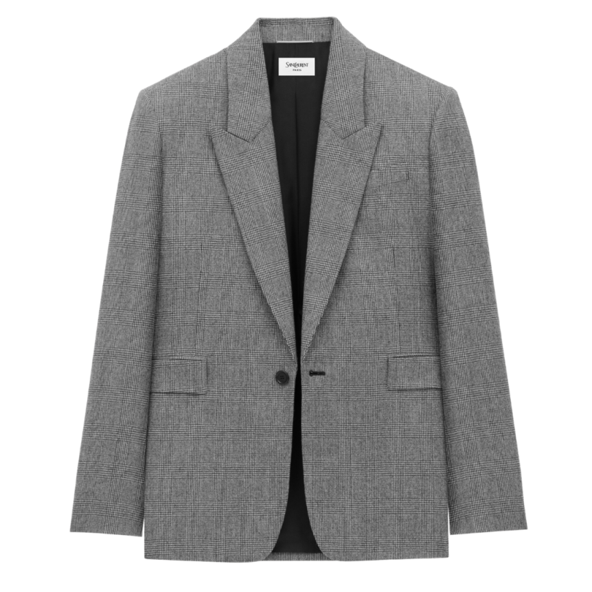 Veste de costume droite SAINT LAURENT un bouton revers pointu laine Prince de Galles gris