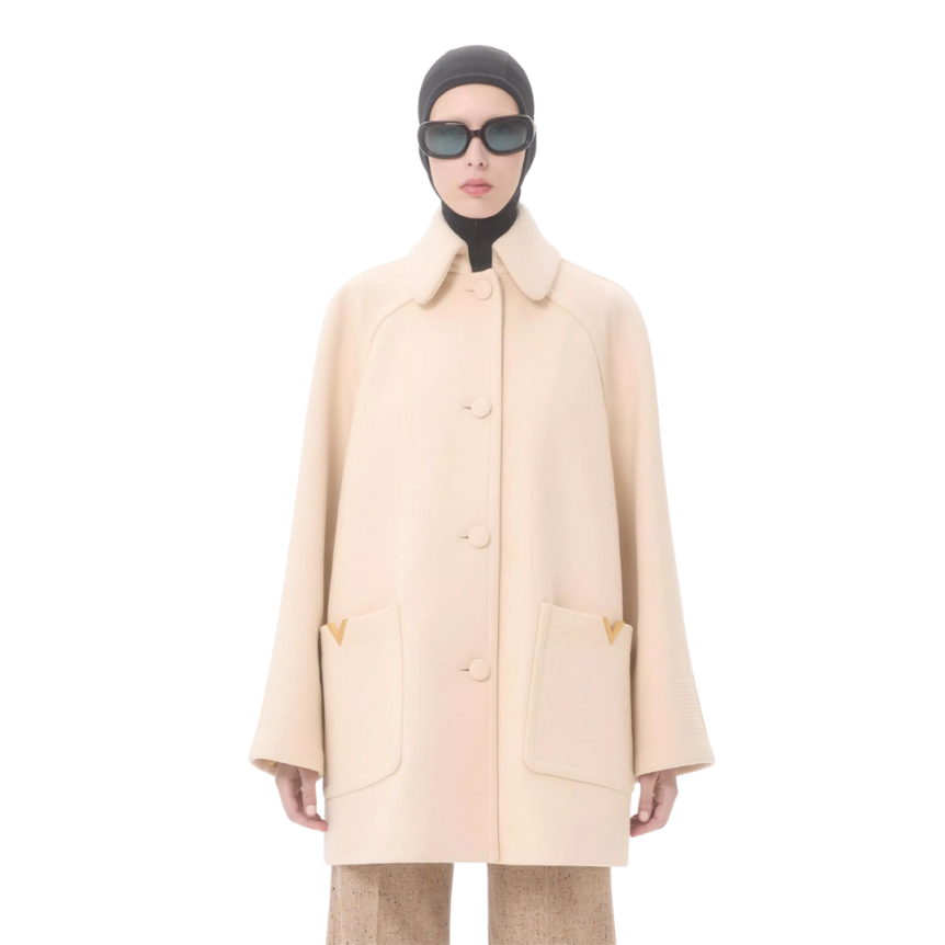Manteau Caban VALENTINO drap de laine écru V logo doré poche