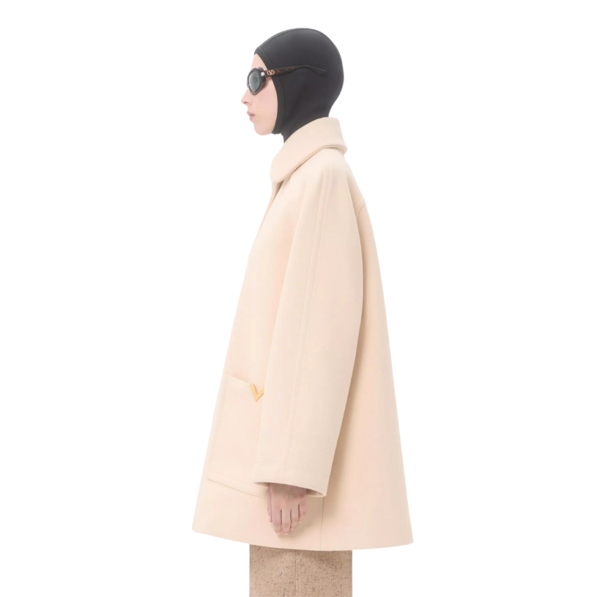 Manteau Caban VALENTINO drap de laine écru V logo doré poche