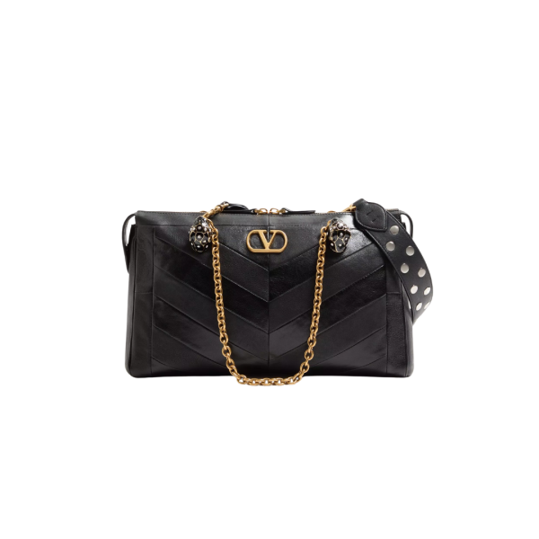 Sac porté épaule VALENTINO GARAVANI Panthea cuir nappa patchwork chevrons noir têtes félins cristaux bandoulière