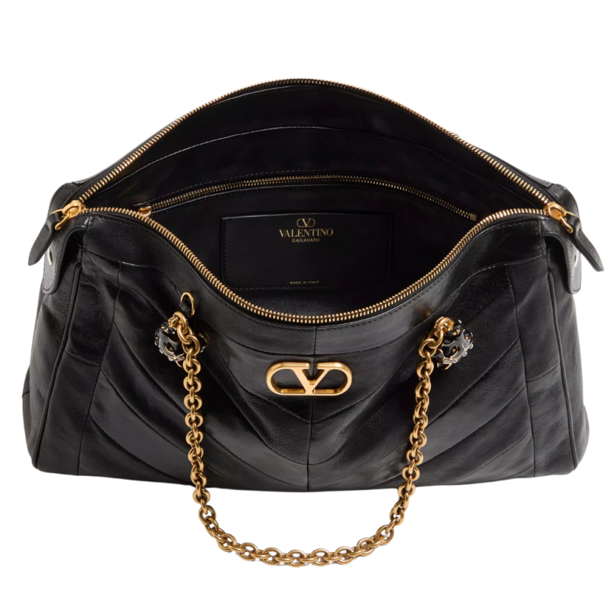 Sac porté épaule VALENTINO GARAVANI Panthea cuir nappa patchwork chevrons noir têtes félins cristaux bandoulière