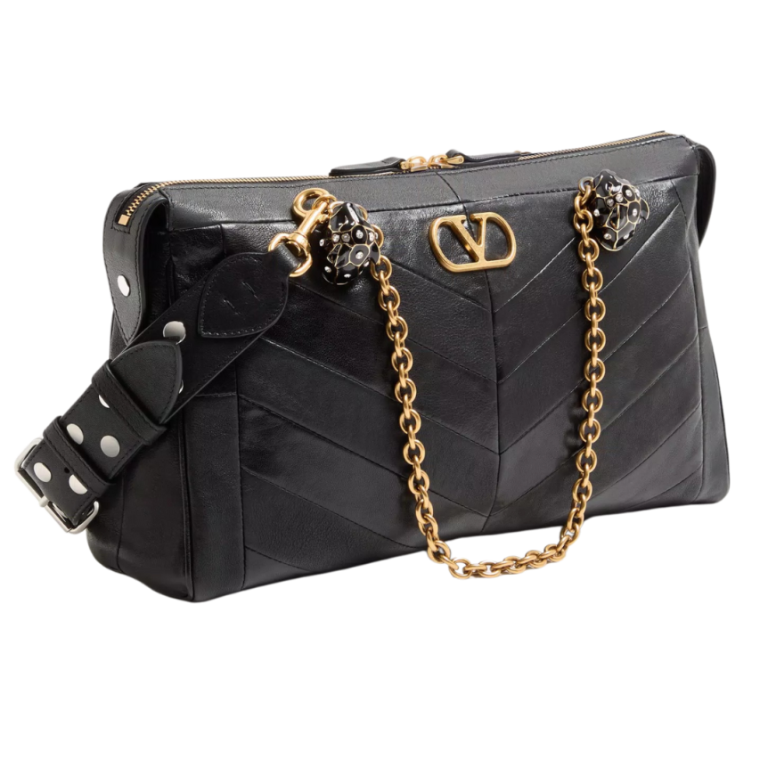 Sac porté épaule VALENTINO GARAVANI Panthea cuir nappa patchwork chevrons noir têtes félins cristaux bandoulière