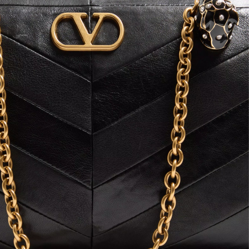 Sac porté épaule VALENTINO GARAVANI Panthea cuir nappa patchwork chevrons noir têtes félins cristaux bandoulière