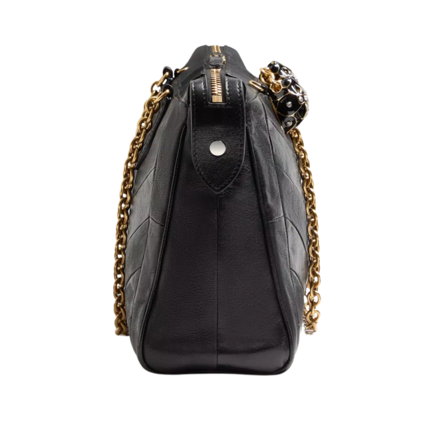 Sac porté épaule VALENTINO GARAVANI Panthea cuir nappa patchwork chevrons noir têtes félins cristaux bandoulière
