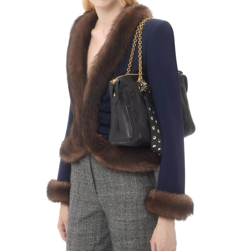 Sac porté épaule VALENTINO GARAVANI Panthea cuir nappa patchwork chevrons noir têtes félins cristaux bandoulière