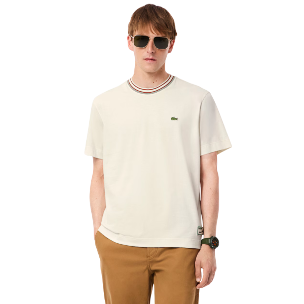 T-shirt LACOSTE jersey de coton bio écru col rayures vert