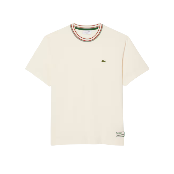 T-shirt LACOSTE jersey de coton bio écru col rayures vert