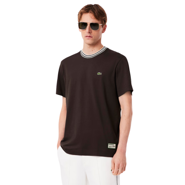 T-shirt LACOSTE jersey de coton bio marron col rayures vert