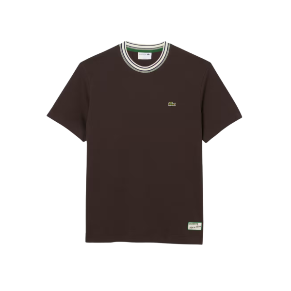 T-shirt LACOSTE jersey de coton bio marron col rayures vert