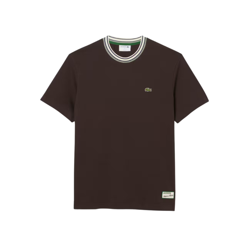 T-shirt LACOSTE jersey de coton bio marron col rayures vert