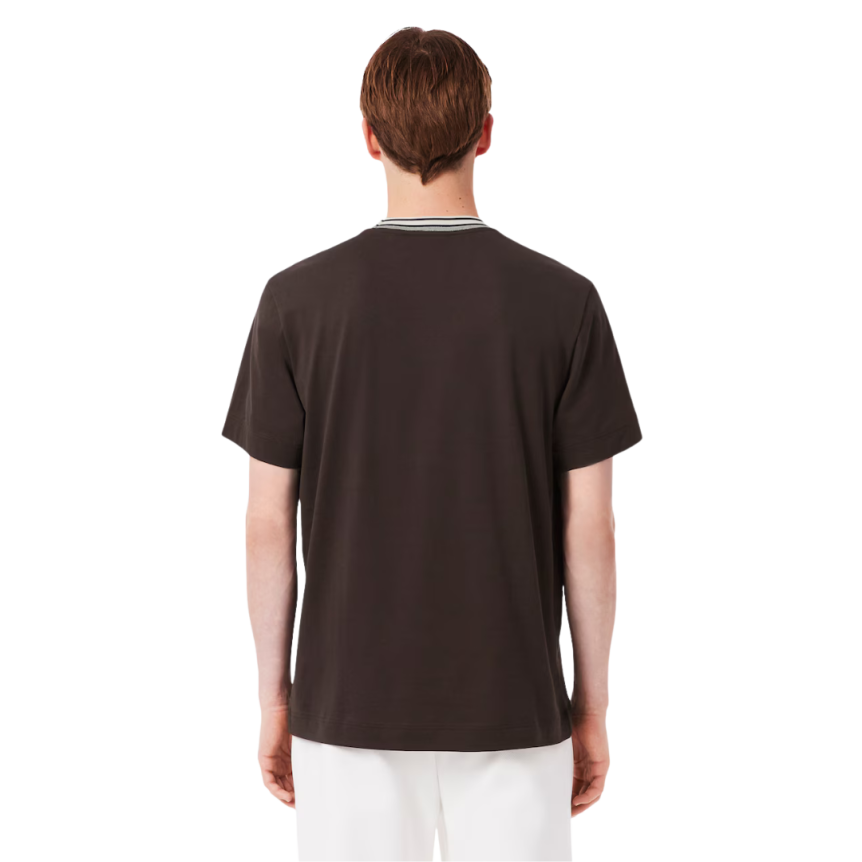T-shirt LACOSTE jersey de coton bio marron col rayures vert