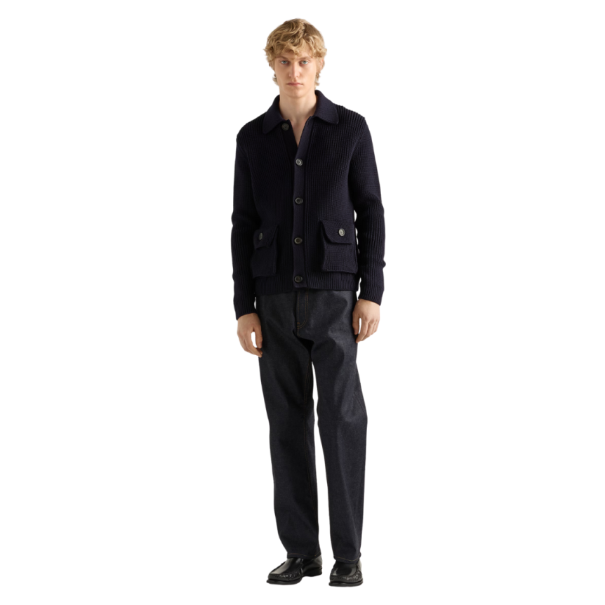 Cardigan à boutons PRADA laine côtelée bleu marine col chemise poches