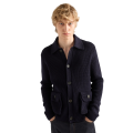 Cardigan à boutons laine côtelée bleu marine col chemise poches