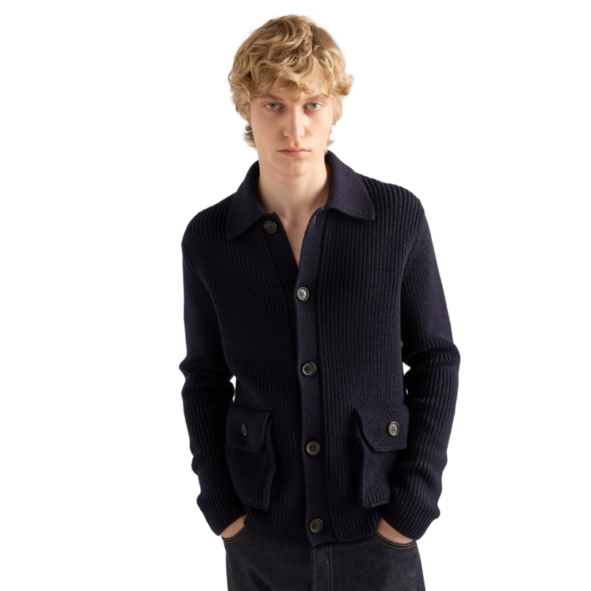 Cardigan à boutons PRADA laine côtelée bleu marine col chemise poches