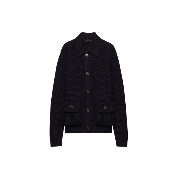 Cardigan à boutons PRADA laine côtelée bleu marine col chemise poches