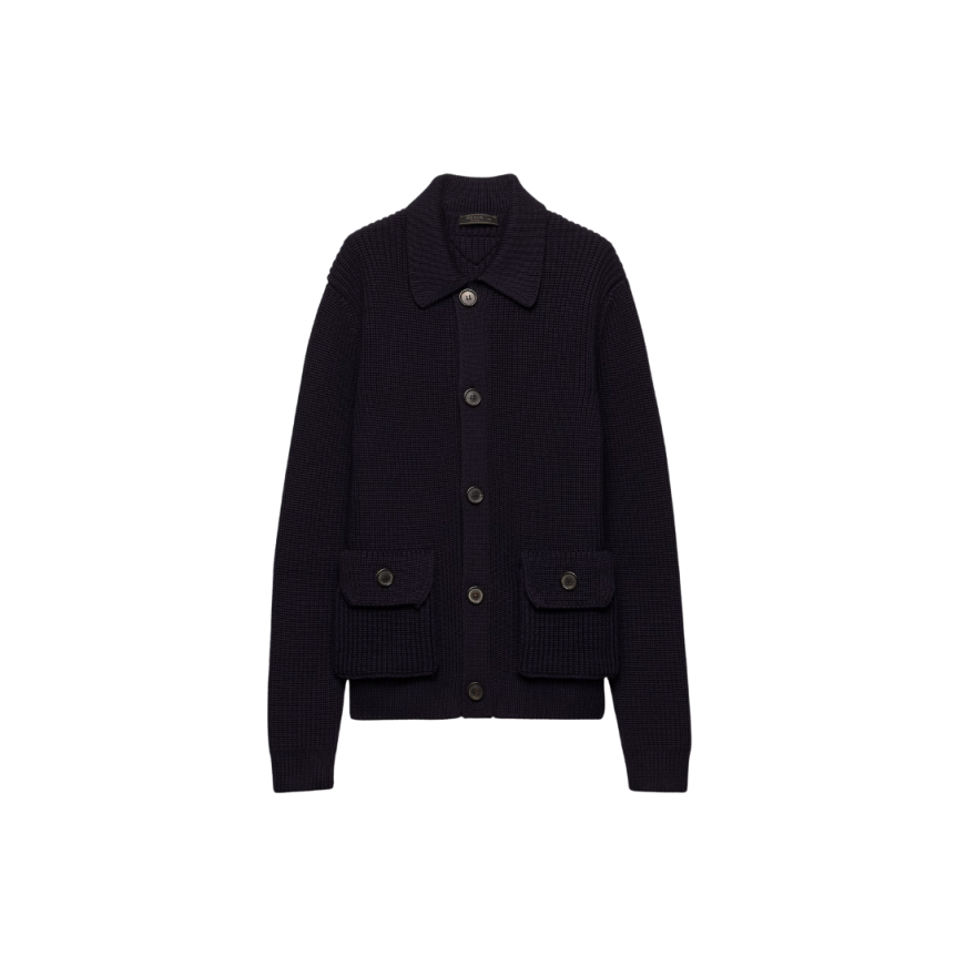 Cardigan à boutons PRADA laine côtelée bleu marine col chemise poches