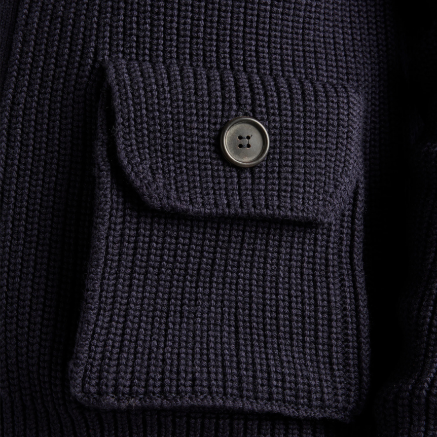 Cardigan à boutons PRADA laine côtelée bleu marine col chemise poches