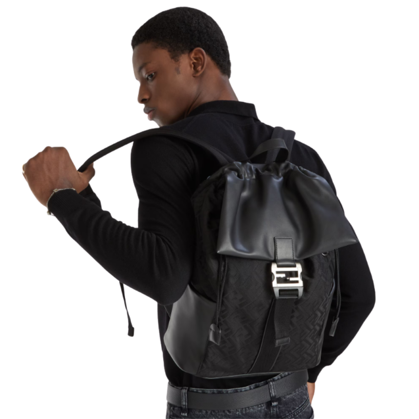 Sac à dos Fendi Flux nylon FF noir cuir cuir veau noir