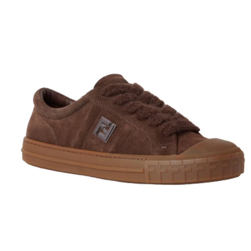 baskets basses à lacets FENDI Domino cuir suédé marron FF métal